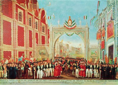 Plechtige en vreedzame intocht van het leger van de Drie Garanties in Mexico-Stad op 27 september 1821 door Mexican School